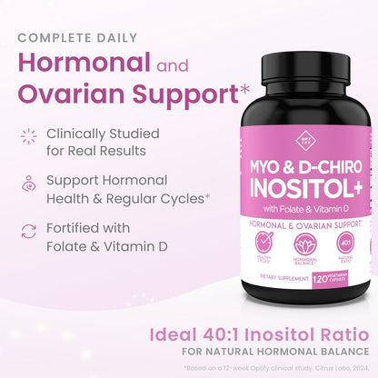 Optify Myo-Inositol & D-Chiro Inositol für Frauen | 40:1 Verhältnis plus Folat und Vitamin D | Unterstützt gesunden Hormonhaushalt, regelmäßigen Zyklus und Eierstockgesundheit (120 Kapseln)