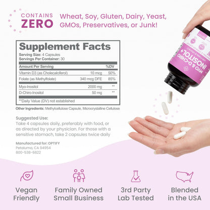 Optify Myo-Inositol & D-Chiro Inositol für Frauen | 40:1 Verhältnis plus Folat und Vitamin D | Unterstützt gesunden Hormonhaushalt, regelmäßigen Zyklus und Eierstockgesundheit (120 Kapseln)