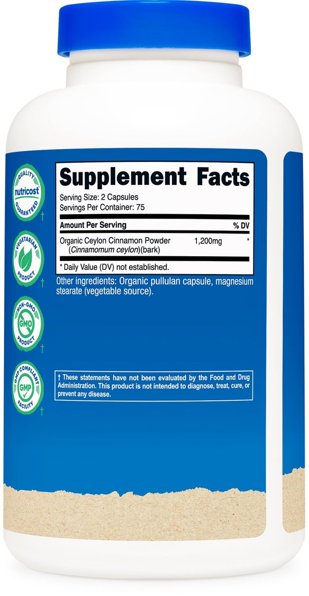 Nutricost Bio Ceylon Zimt 1.200 mg pro Portion, 150 Kapseln – Glutenfrei, Nicht-GVO