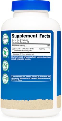 Nutricost Bio Ceylon Zimt 1.200 mg pro Portion, 150 Kapseln – Glutenfrei, Nicht-GVO