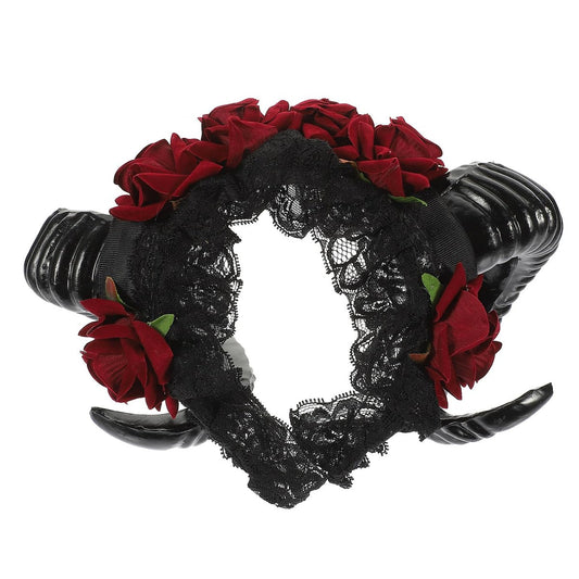 Lurrose Halloween Stirnband Schafshorn Kopfschmuck Rosenblüten Haarband Gothic Hörner mit Spitzenschleier für Festivals