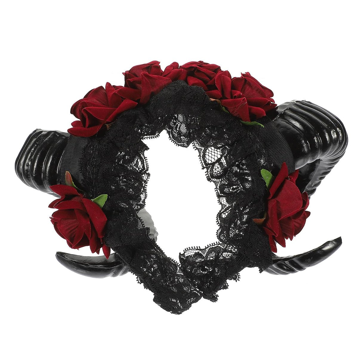Lurrose Halloween Stirnband Schafshorn Kopfschmuck Rosenblüten Haarband Gothic Hörner mit Spitzenschleier für Festivals