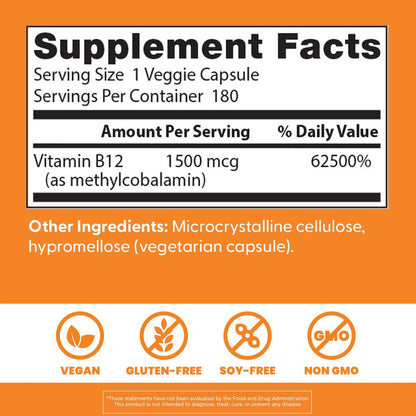 Doctor's Best Vitamin B12 Methylcobalamin 1500 mcg – 180 vegane Kapseln, glutenfrei, nicht GVO, voll aktiv