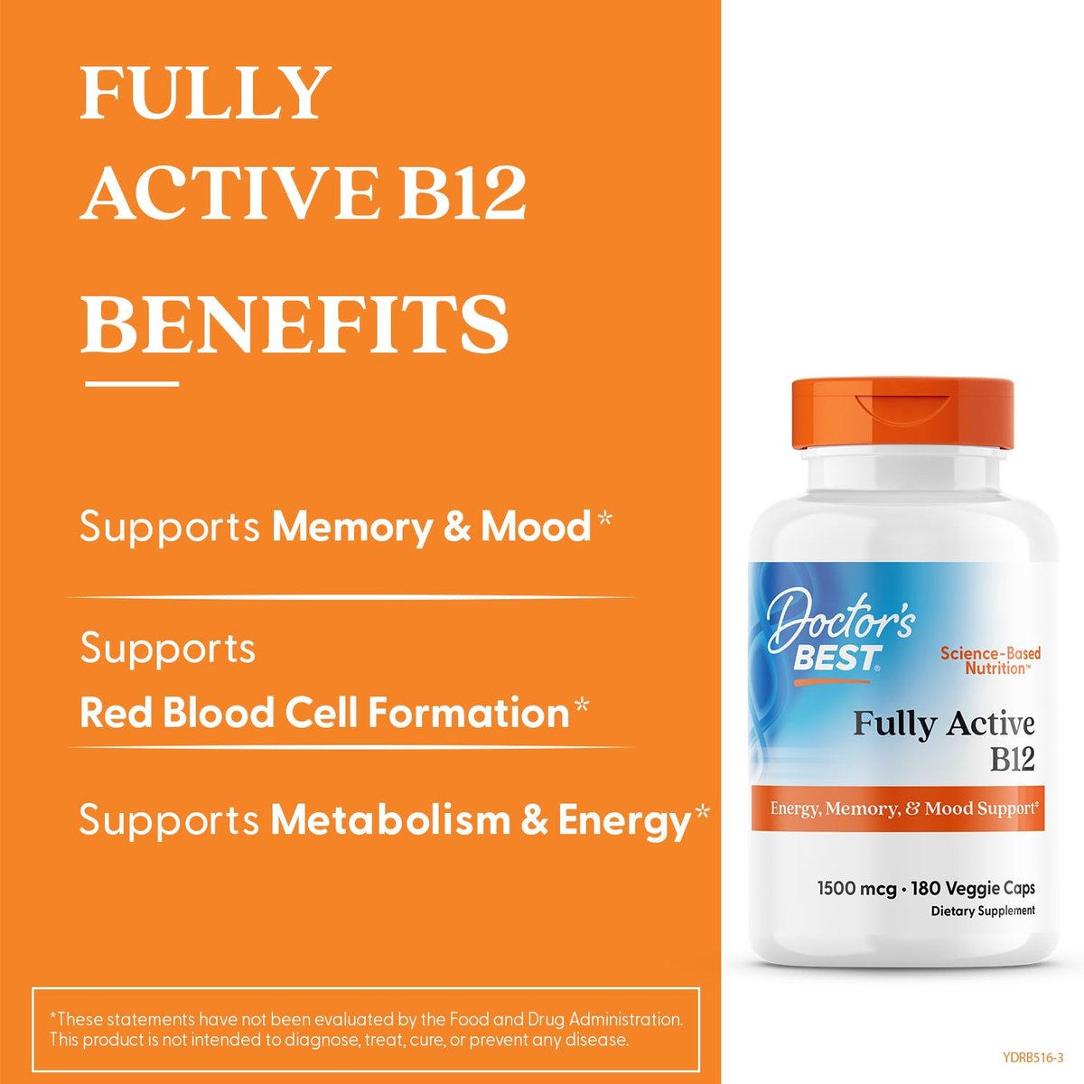 Doctor's Best Vitamin B12 Methylcobalamin 1500 mcg – 180 vegane Kapseln, glutenfrei, nicht GVO, voll aktiv