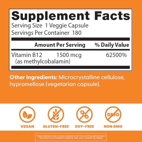 Doctor's Best Vitamin B12 Methylcobalamin 1500 mcg – 180 vegane Kapseln, glutenfrei, nicht GVO, voll aktiv