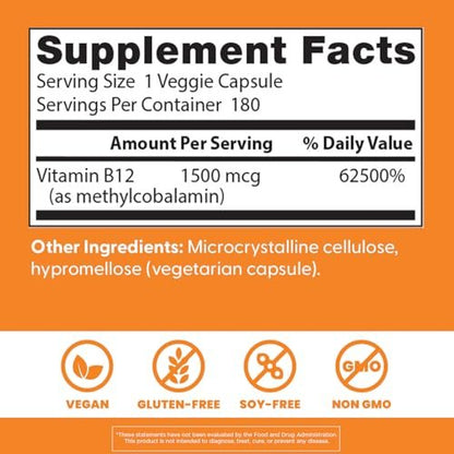 Doctor's Best Vitamin B12 Methylcobalamin 1500 mcg – 180 vegane Kapseln, glutenfrei, nicht GVO, voll aktiv