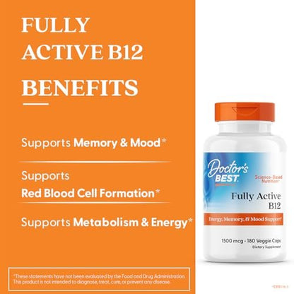 Doctor's Best Vitamin B12 Methylcobalamin 1500 mcg – 180 vegane Kapseln, glutenfrei, nicht GVO, voll aktiv