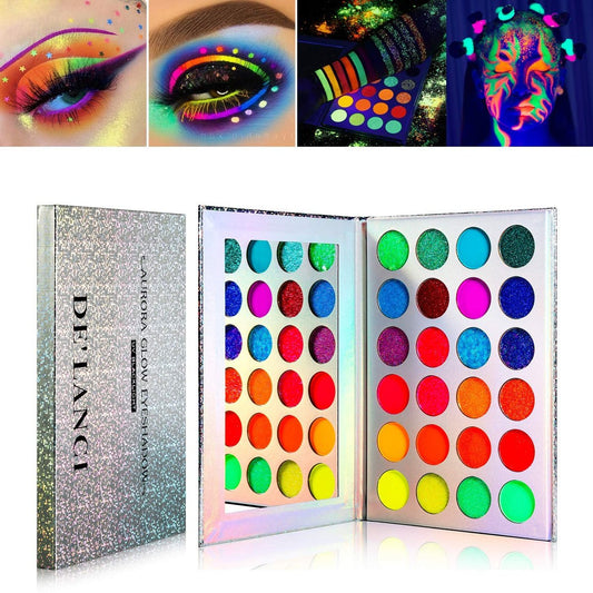 DE'LANCI Neon Eyeshadow Palette Glow in the Dark – Aurora Glow Lidschatten Palette für Halloween, Weihnachten & UV Blacklight Make-up