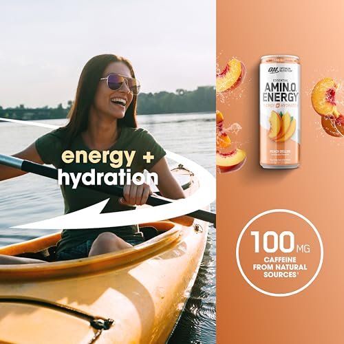 Optimum Nutrition Amino Energy Sparkling Hydration Drink, Elektrolyte, Koffein, Aminosäuren, BCAAs, Zuckerfrei, Pfirsich Bellini, 12 Fl Oz, 12er-Pack