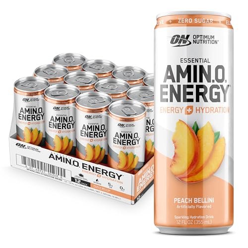 Optimum Nutrition Amino Energy Sparkling Hydration Drink, Elektrolyte, Koffein, Aminosäuren, BCAAs, Zuckerfrei, Pfirsich Bellini, 12 Fl Oz, 12er-Pack