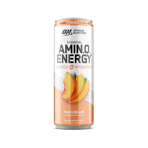 Optimum Nutrition Amino Energy Sparkling Hydration Drink, Elektrolyte, Koffein, Aminosäuren, BCAAs, Zuckerfrei, Pfirsich Bellini, 12 Fl Oz, 12er-Pack