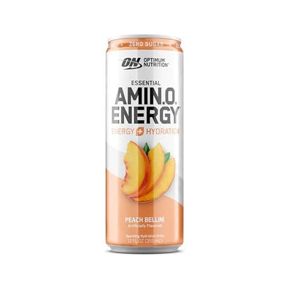Optimum Nutrition Amino Energy Sparkling Hydration Drink, Elektrolyte, Koffein, Aminosäuren, BCAAs, Zuckerfrei, Pfirsich Bellini, 12 Fl Oz, 12er-Pack