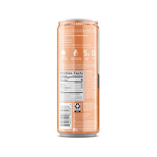 Optimum Nutrition Amino Energy Sparkling Hydration Drink, Elektrolyte, Koffein, Aminosäuren, BCAAs, Zuckerfrei, Pfirsich Bellini, 12 Fl Oz, 12er-Pack