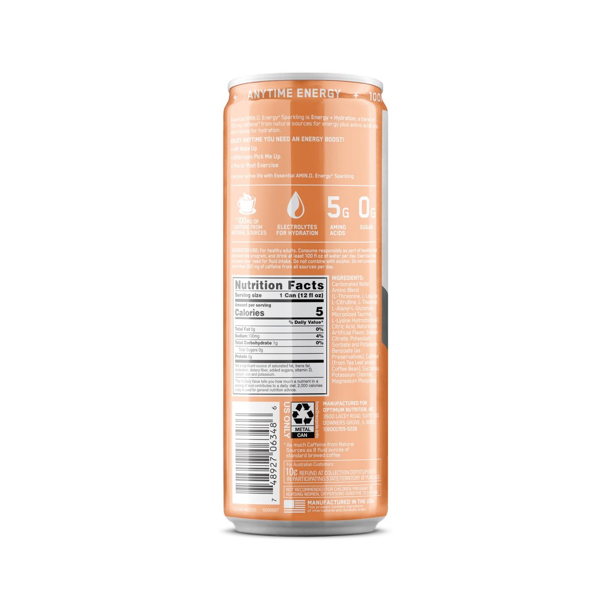 Optimum Nutrition Amino Energy Sparkling Hydration Drink, Elektrolyte, Koffein, Aminosäuren, BCAAs, Zuckerfrei, Pfirsich Bellini, 12 Fl Oz, 12er-Pack