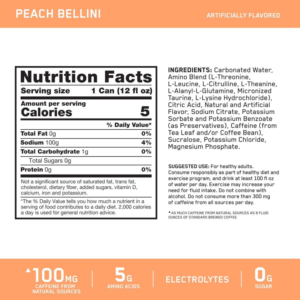 Optimum Nutrition Amino Energy Sparkling Hydration Drink, Elektrolyte, Koffein, Aminosäuren, BCAAs, Zuckerfrei, Pfirsich Bellini, 12 Fl Oz, 12er-Pack