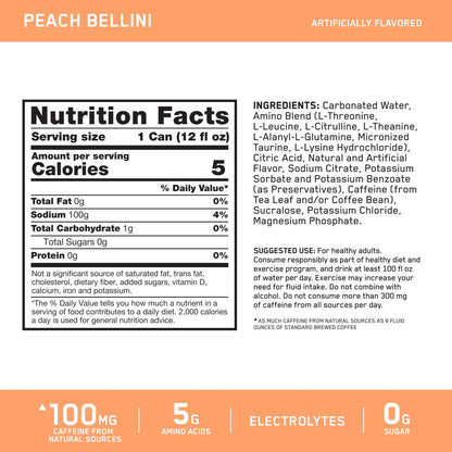 Optimum Nutrition Amino Energy Sparkling Hydration Drink, Elektrolyte, Koffein, Aminosäuren, BCAAs, Zuckerfrei, Pfirsich Bellini, 12 Fl Oz, 12er-Pack