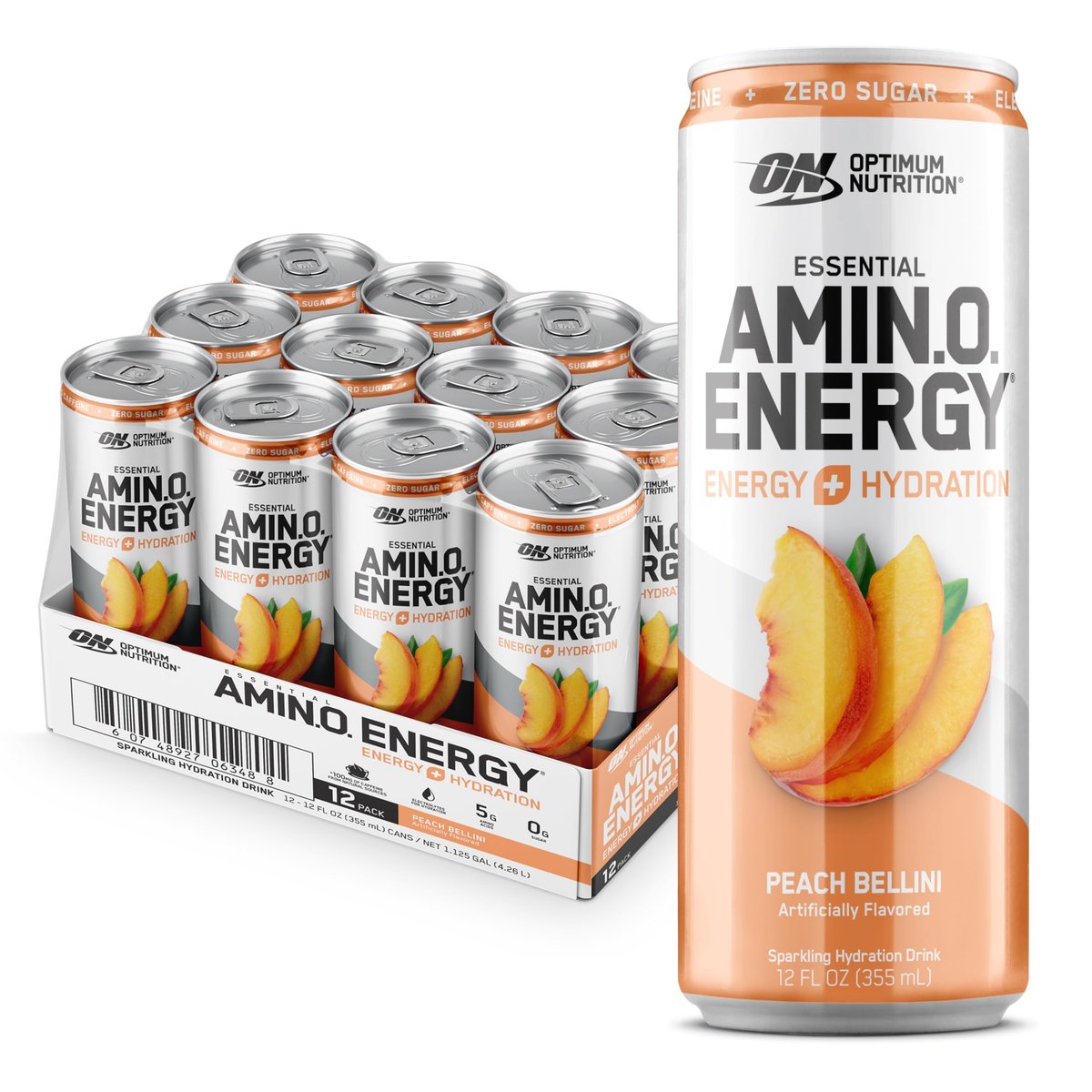 Optimum Nutrition Amino Energy Sparkling Hydration Drink, Elektrolyte, Koffein, Aminosäuren, BCAAs, Zuckerfrei, Pfirsich Bellini, 12 Fl Oz, 12er-Pack