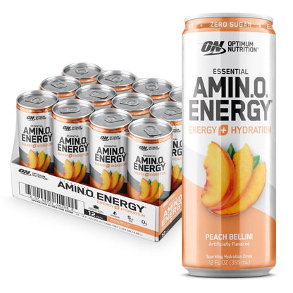 Optimum Nutrition Amino Energy Sparkling Hydration Drink, Elektrolyte, Koffein, Aminosäuren, BCAAs, Zuckerfrei, Pfirsich Bellini, 12 Fl Oz, 12er-Pack