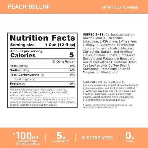 Optimum Nutrition Amino Energy Sparkling Hydration Drink, Elektrolyte, Koffein, Aminosäuren, BCAAs, Zuckerfrei, Pfirsich Bellini, 12 Fl Oz, 12er-Pack