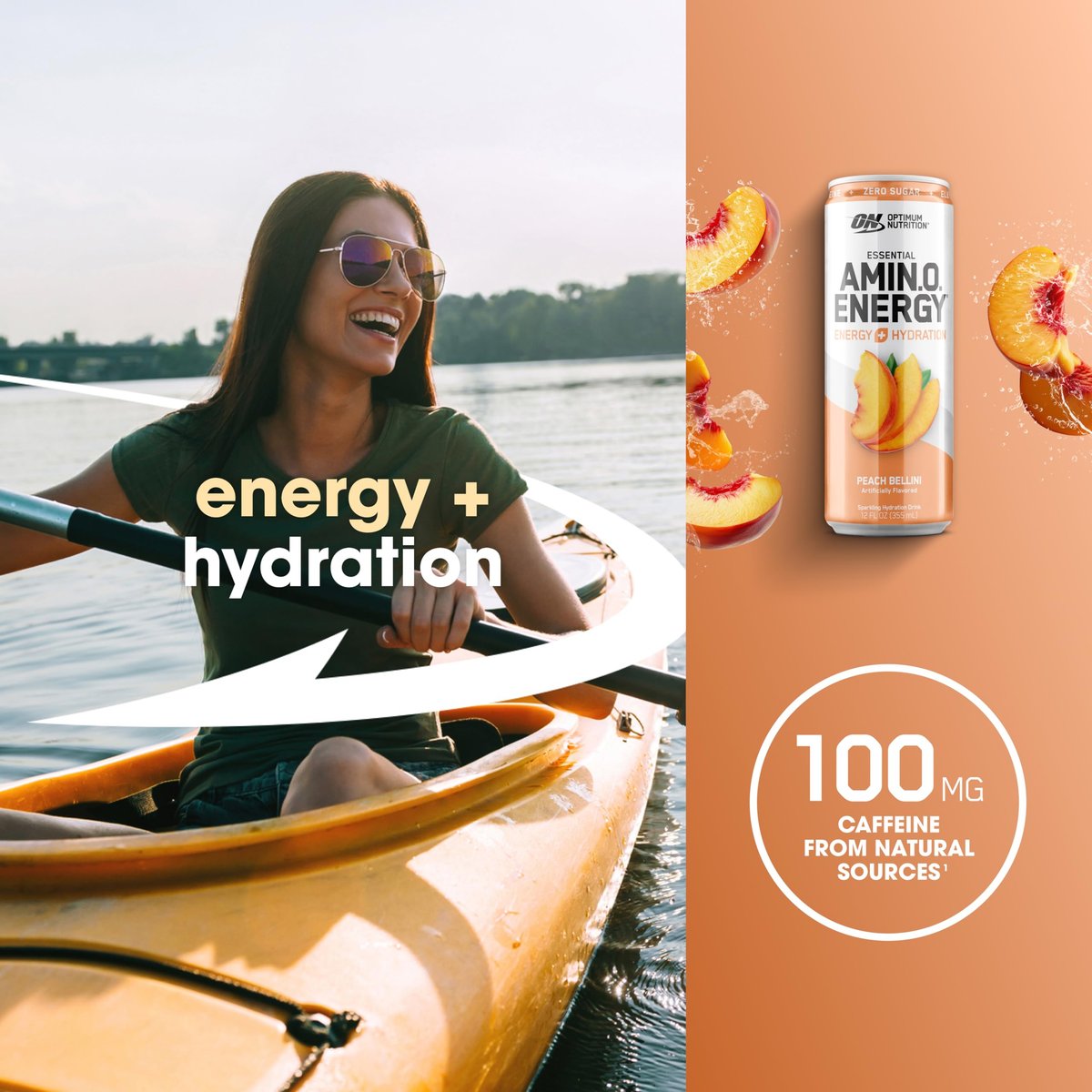 Optimum Nutrition Amino Energy Sparkling Hydration Drink, Elektrolyte, Koffein, Aminosäuren, BCAAs, Zuckerfrei, Pfirsich Bellini, 12 Fl Oz, 12er-Pack