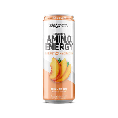 Optimum Nutrition Amino Energy Sparkling Hydration Drink, Elektrolyte, Koffein, Aminosäuren, BCAAs, Zuckerfrei, Pfirsich Bellini, 12 Fl Oz, 12er-Pack