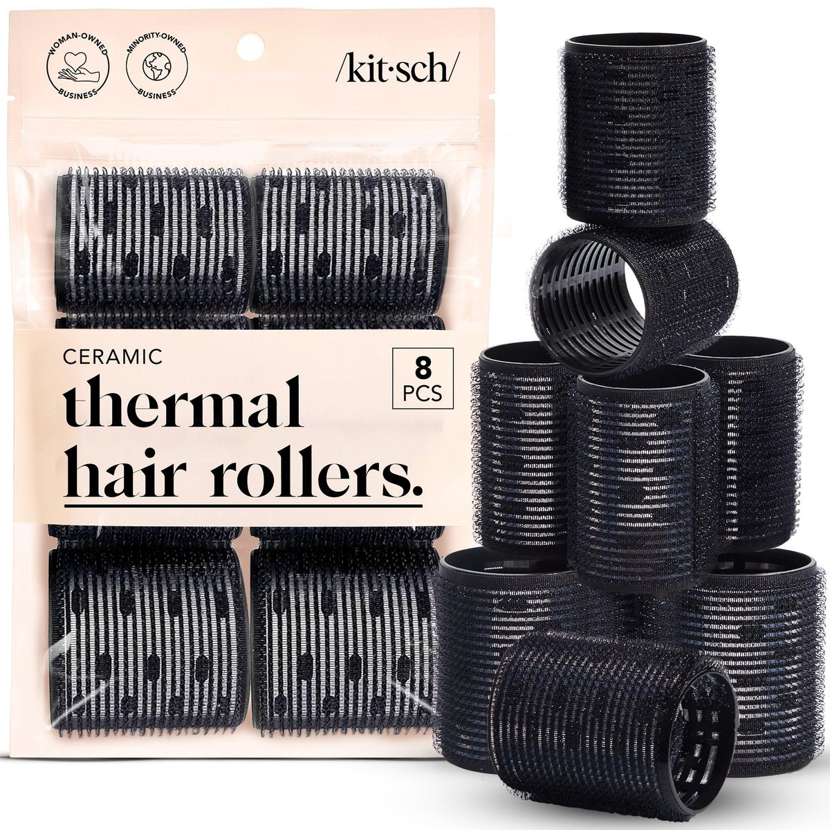 Kitsch Keramik-Haarrollen für Damen – Selbsthaftende Lockenwickler für hitzefreie Locken über Nacht, lang anhaltende, frizzfreie Locken, voluminöse große Rollen für alle Haartypen – Schwarz, 8 Stück (1er-Pack)