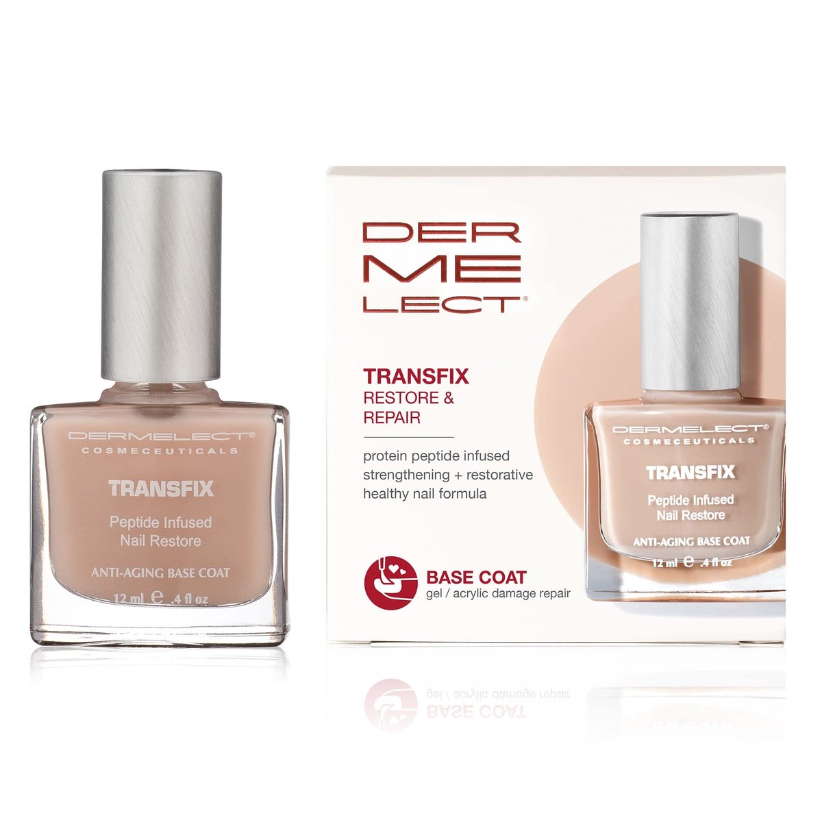 Dermelect Transfix Nail Restore Base Coat – Stärkender und nährender Unterlack für schwache, brüchige und splitternde Nägel mit Protein-Peptiden, 0,4 oz