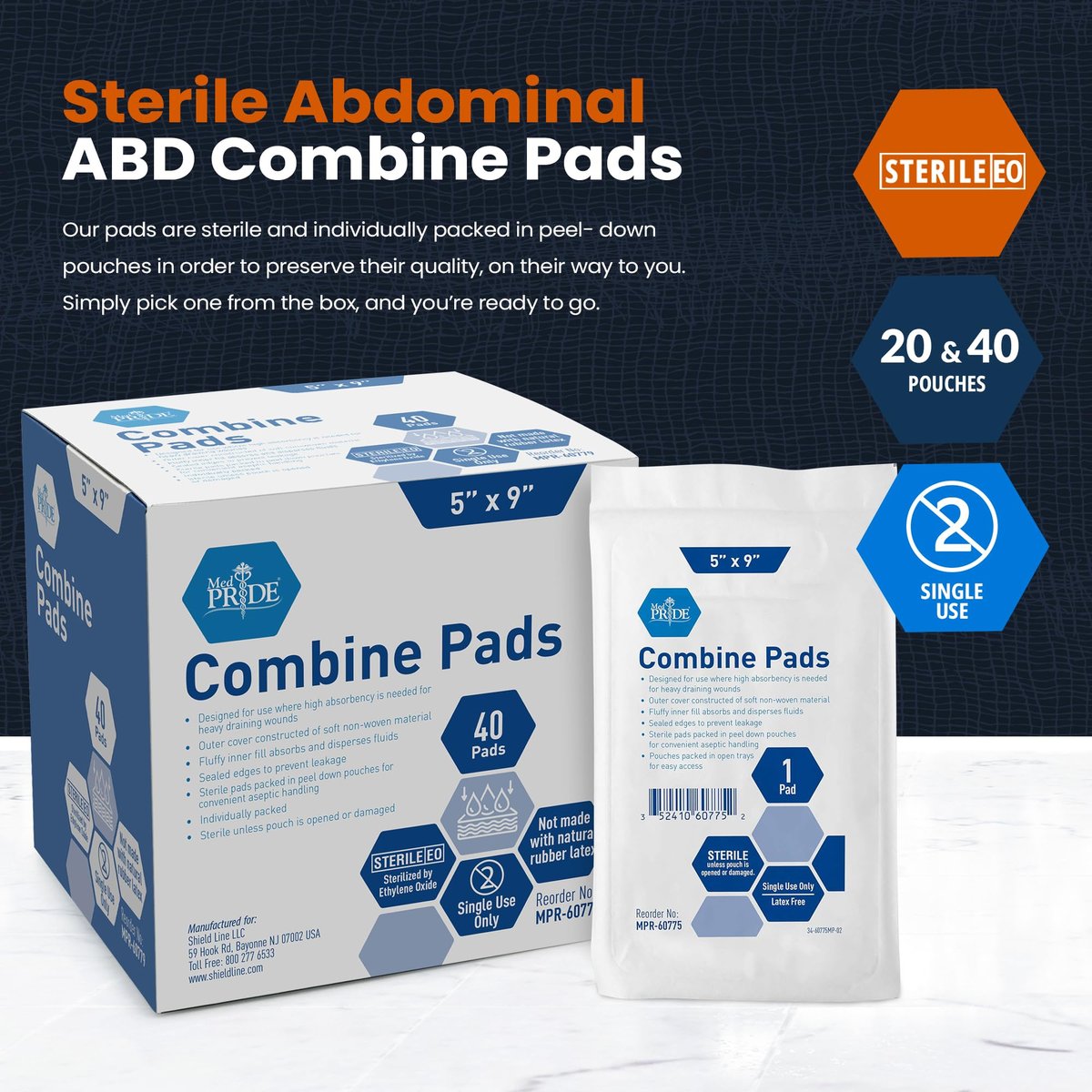 MED PRIDE Kombi-ABD-Pads 5 x 9 Zoll, 40 Stück sterile Bauchkompressen, saugfähige Wundauflagen, einzeln verpackt, latexfrei, Einmalgebrauch