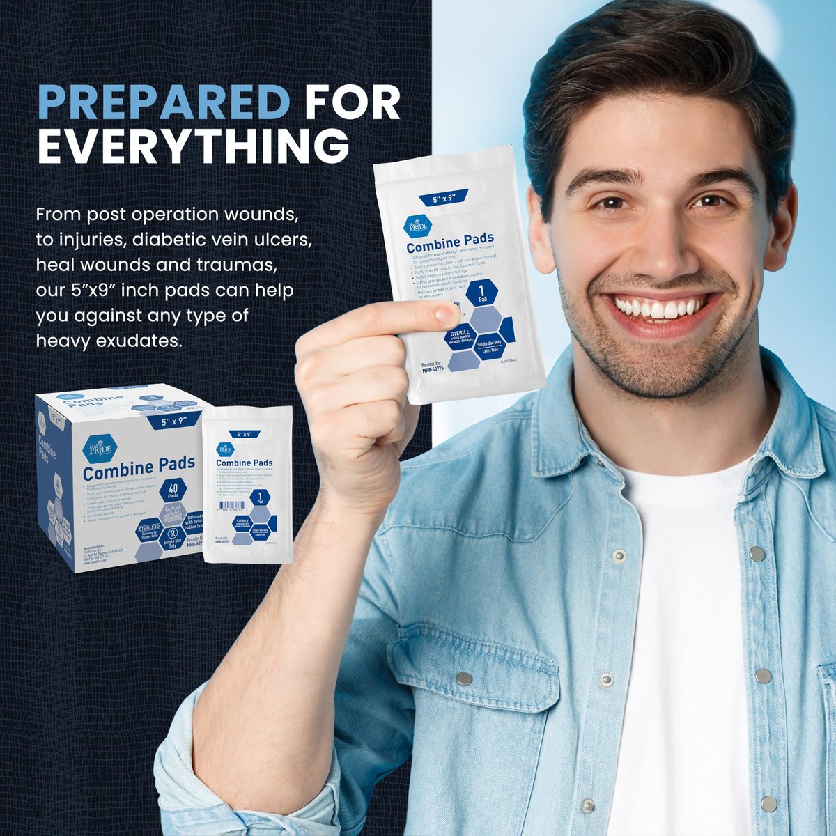 MED PRIDE Kombi-ABD-Pads 5 x 9 Zoll, 40 Stück sterile Bauchkompressen, saugfähige Wundauflagen, einzeln verpackt, latexfrei, Einmalgebrauch
