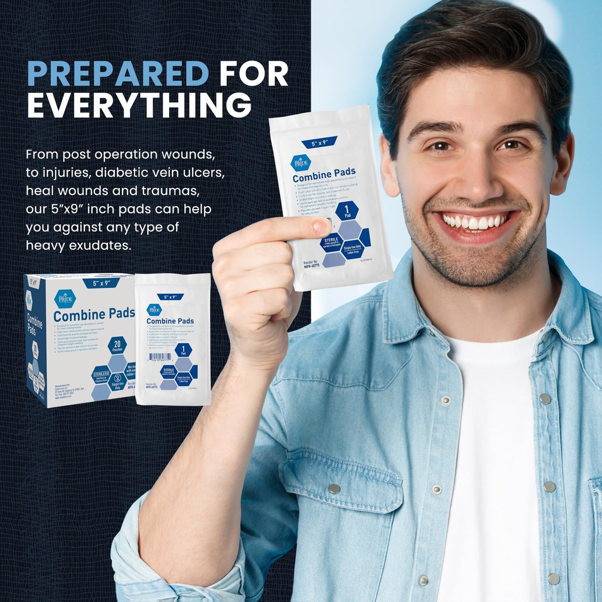 MED PRIDE Kombi-ABD-Pads 5 x 9 Zoll, 40 Stück sterile Bauchkompressen, saugfähige Wundauflagen, einzeln verpackt, latexfrei, Einmalgebrauch