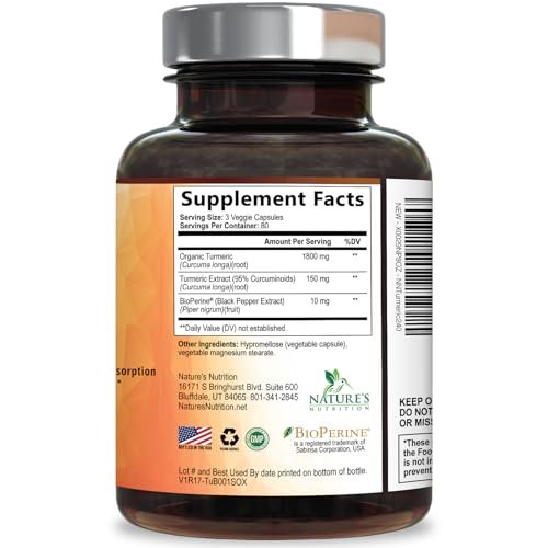 Curcumin Kapseln mit 95% Curcuminoiden, Bio Kurkuma & BioPerine Schwarzer Pfeffer – 240 Kapseln, vegan, non-GMO, hergestellt in USA