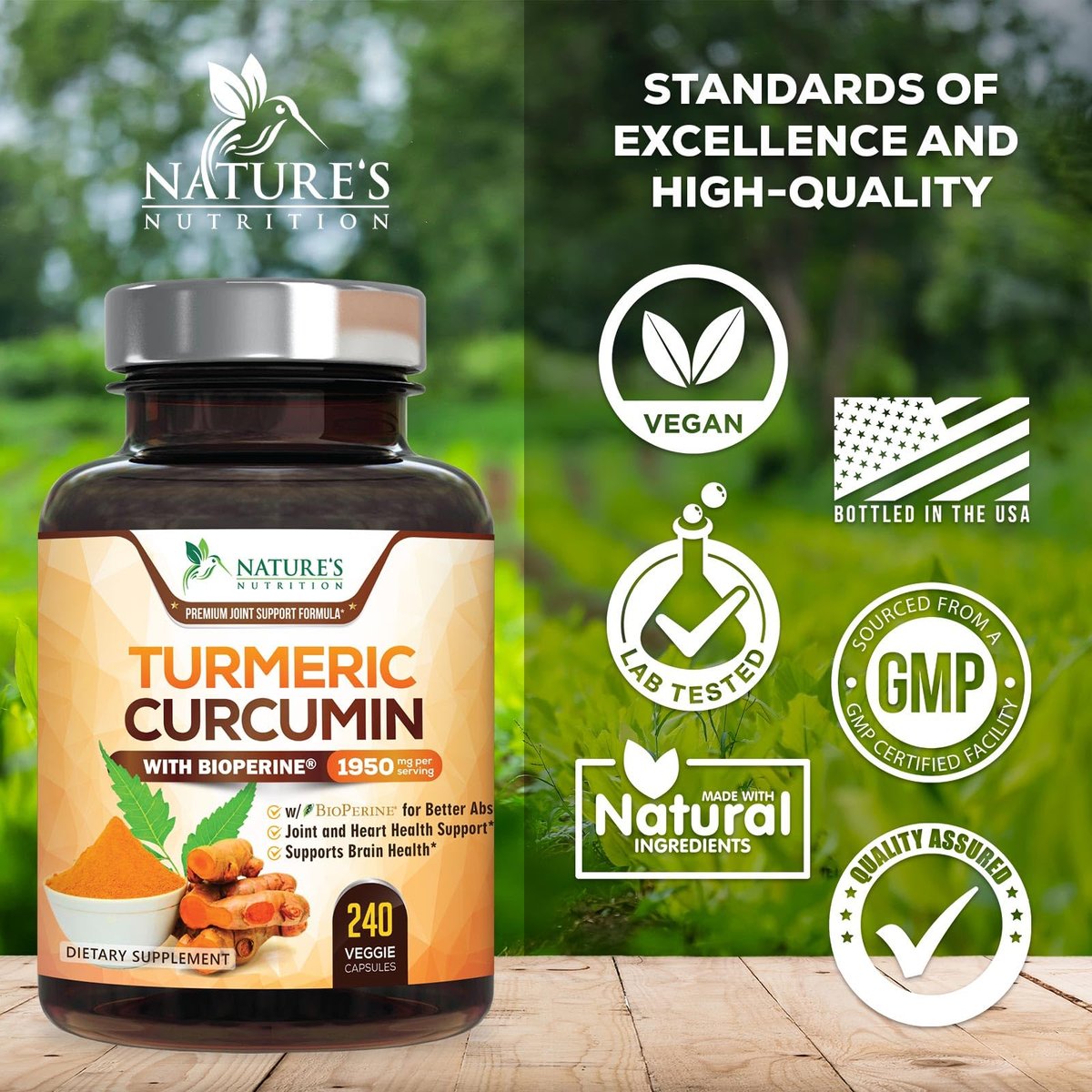 Curcumin Kapseln mit 95% Curcuminoiden, Bio Kurkuma & BioPerine Schwarzer Pfeffer – 240 Kapseln, vegan, non-GMO, hergestellt in USA