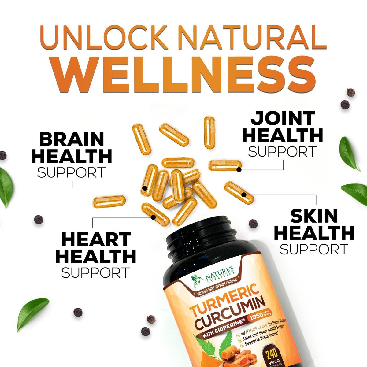 Curcumin Kapseln mit 95% Curcuminoiden, Bio Kurkuma & BioPerine Schwarzer Pfeffer – 240 Kapseln, vegan, non-GMO, hergestellt in USA