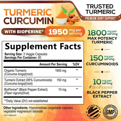 Curcumin Kapseln mit 95% Curcuminoiden, Bio Kurkuma & BioPerine Schwarzer Pfeffer – 240 Kapseln, vegan, non-GMO, hergestellt in USA