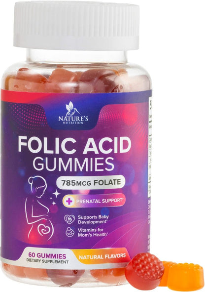 Folsäure Gummibärchen für Frauen – Folat 785 mcg pro Portion – Essentielle pränatale Vitamine für Mutter & Baby, veganes Folsäure-Supplement, tägliches B9-Vitamin, vor während nach der Schwangerschaft – 60 Gummibärchen