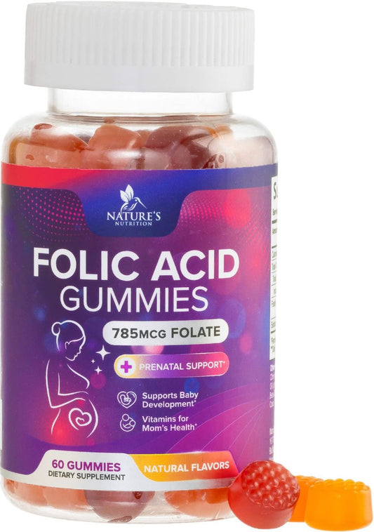 Folsäure Gummibärchen für Frauen – Folat 785 mcg pro Portion – Essentielle pränatale Vitamine für Mutter & Baby, veganes Folsäure-Supplement, tägliches B9-Vitamin, vor während nach der Schwangerschaft – 60 Gummibärchen