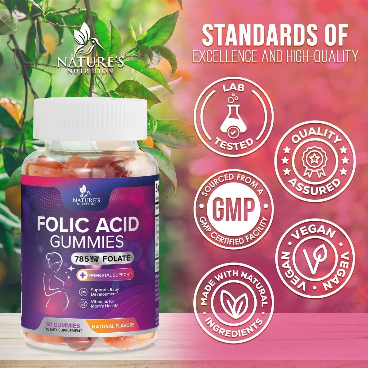 Folsäure Gummibärchen für Frauen – Folat 785 mcg pro Portion – Essentielle pränatale Vitamine für Mutter & Baby, veganes Folsäure-Supplement, tägliches B9-Vitamin, vor während nach der Schwangerschaft – 60 Gummibärchen