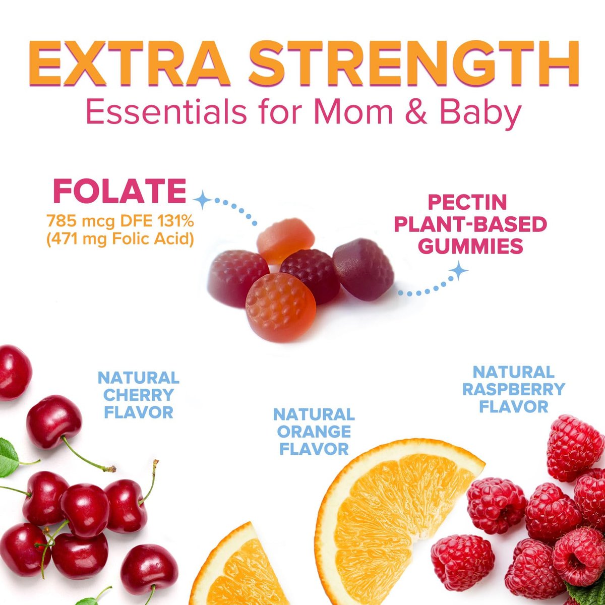 Folsäure Gummibärchen für Frauen – Folat 785 mcg pro Portion – Essentielle pränatale Vitamine für Mutter & Baby, veganes Folsäure-Supplement, tägliches B9-Vitamin, vor während nach der Schwangerschaft – 60 Gummibärchen