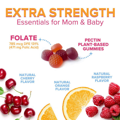 Folsäure Gummibärchen für Frauen – Folat 785 mcg pro Portion – Essentielle pränatale Vitamine für Mutter & Baby, veganes Folsäure-Supplement, tägliches B9-Vitamin, vor während nach der Schwangerschaft – 60 Gummibärchen