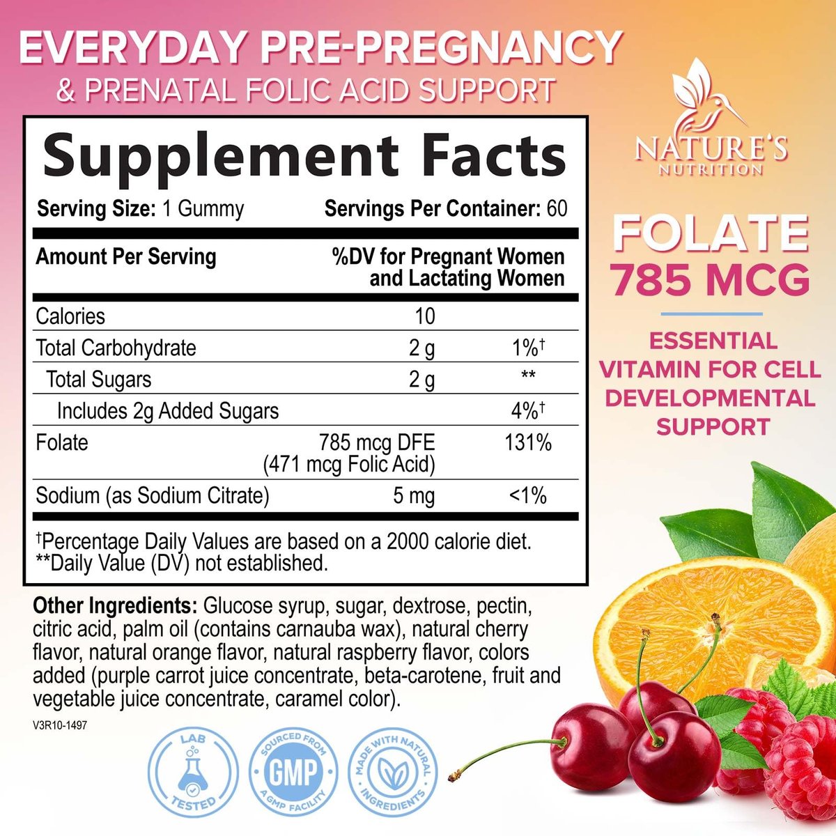Folsäure Gummibärchen für Frauen – Folat 785 mcg pro Portion – Essentielle pränatale Vitamine für Mutter & Baby, veganes Folsäure-Supplement, tägliches B9-Vitamin, vor während nach der Schwangerschaft – 60 Gummibärchen