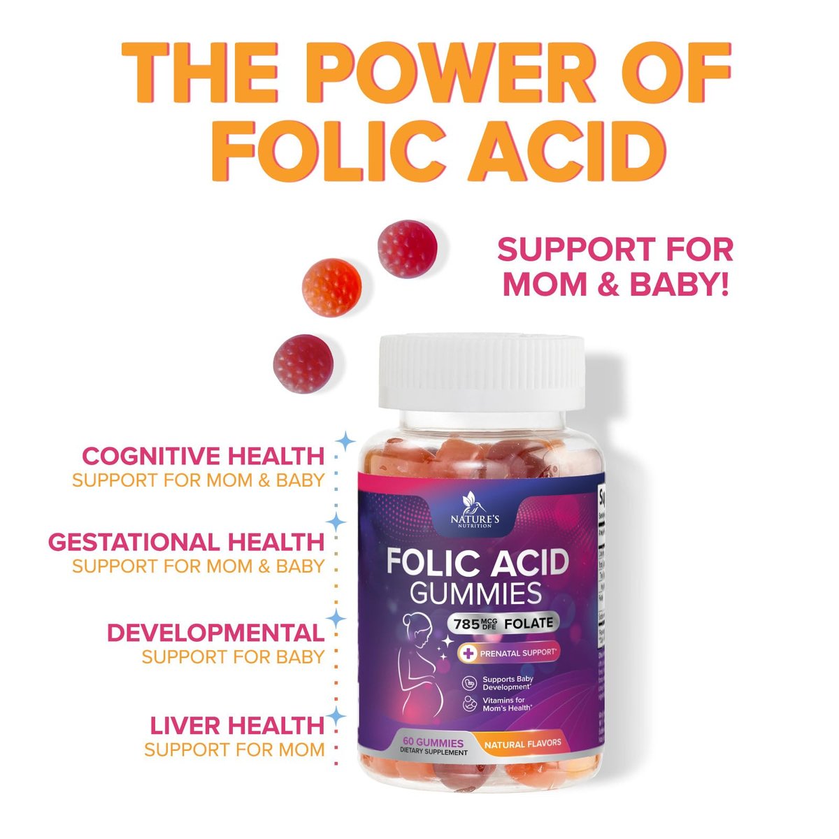 Folsäure Gummibärchen für Frauen – Folat 785 mcg pro Portion – Essentielle pränatale Vitamine für Mutter & Baby, veganes Folsäure-Supplement, tägliches B9-Vitamin, vor während nach der Schwangerschaft – 60 Gummibärchen