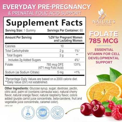 Folsäure Gummibärchen für Frauen – Folat 785 mcg pro Portion – Essentielle pränatale Vitamine für Mutter & Baby, veganes Folsäure-Supplement, tägliches B9-Vitamin, vor während nach der Schwangerschaft – 60 Gummibärchen