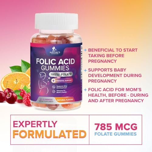 Folsäure Gummibärchen für Frauen – Folat 785 mcg pro Portion – Essentielle pränatale Vitamine für Mutter & Baby, veganes Folsäure-Supplement, tägliches B9-Vitamin, vor während nach der Schwangerschaft – 60 Gummibärchen
