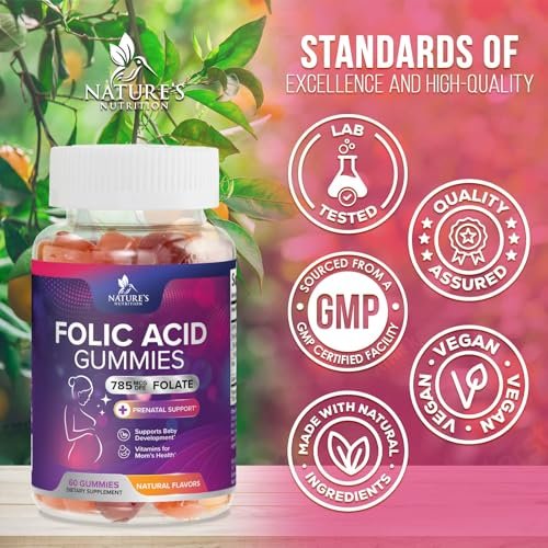 Folsäure Gummibärchen für Frauen – Folat 785 mcg pro Portion – Essentielle pränatale Vitamine für Mutter & Baby, veganes Folsäure-Supplement, tägliches B9-Vitamin, vor während nach der Schwangerschaft – 60 Gummibärchen