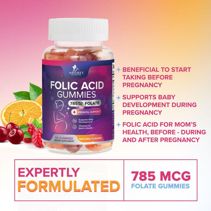 Folsäure Gummibärchen für Frauen – Folat 785 mcg pro Portion – Essentielle pränatale Vitamine für Mutter & Baby, veganes Folsäure-Supplement, tägliches B9-Vitamin, vor während nach der Schwangerschaft – 60 Gummibärchen
