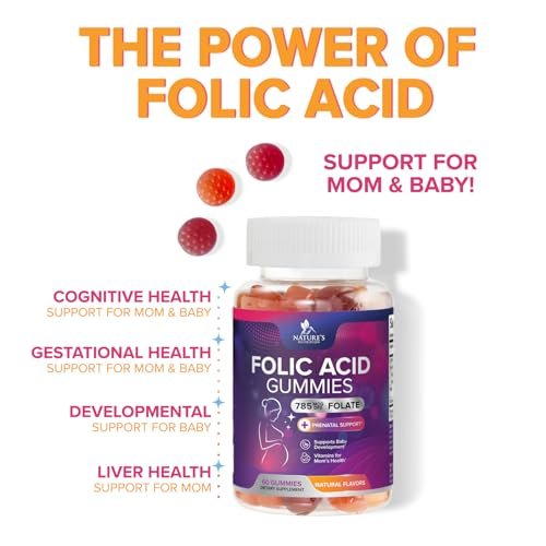 Folsäure Gummibärchen für Frauen – Folat 785 mcg pro Portion – Essentielle pränatale Vitamine für Mutter & Baby, veganes Folsäure-Supplement, tägliches B9-Vitamin, vor während nach der Schwangerschaft – 60 Gummibärchen