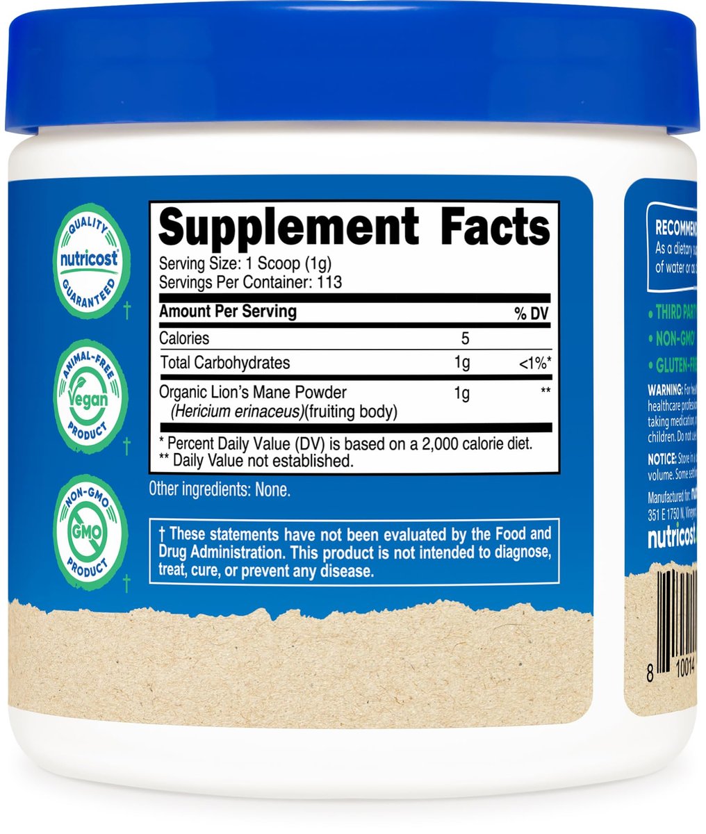 Nutricost Bio-Löwenmähne Pilzpulver 113 g - USDA Bio-zertifiziert