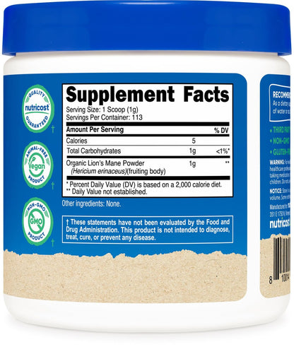 Nutricost Bio-Löwenmähne Pilzpulver 113 g - USDA Bio-zertifiziert