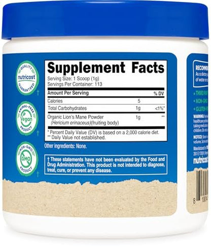 Nutricost Bio-Löwenmähne Pilzpulver 113 g - USDA Bio-zertifiziert