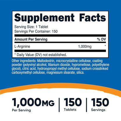Nutricost L-Arginin 1000 mg, Aminosäure Tabletten (150 Tabletten)